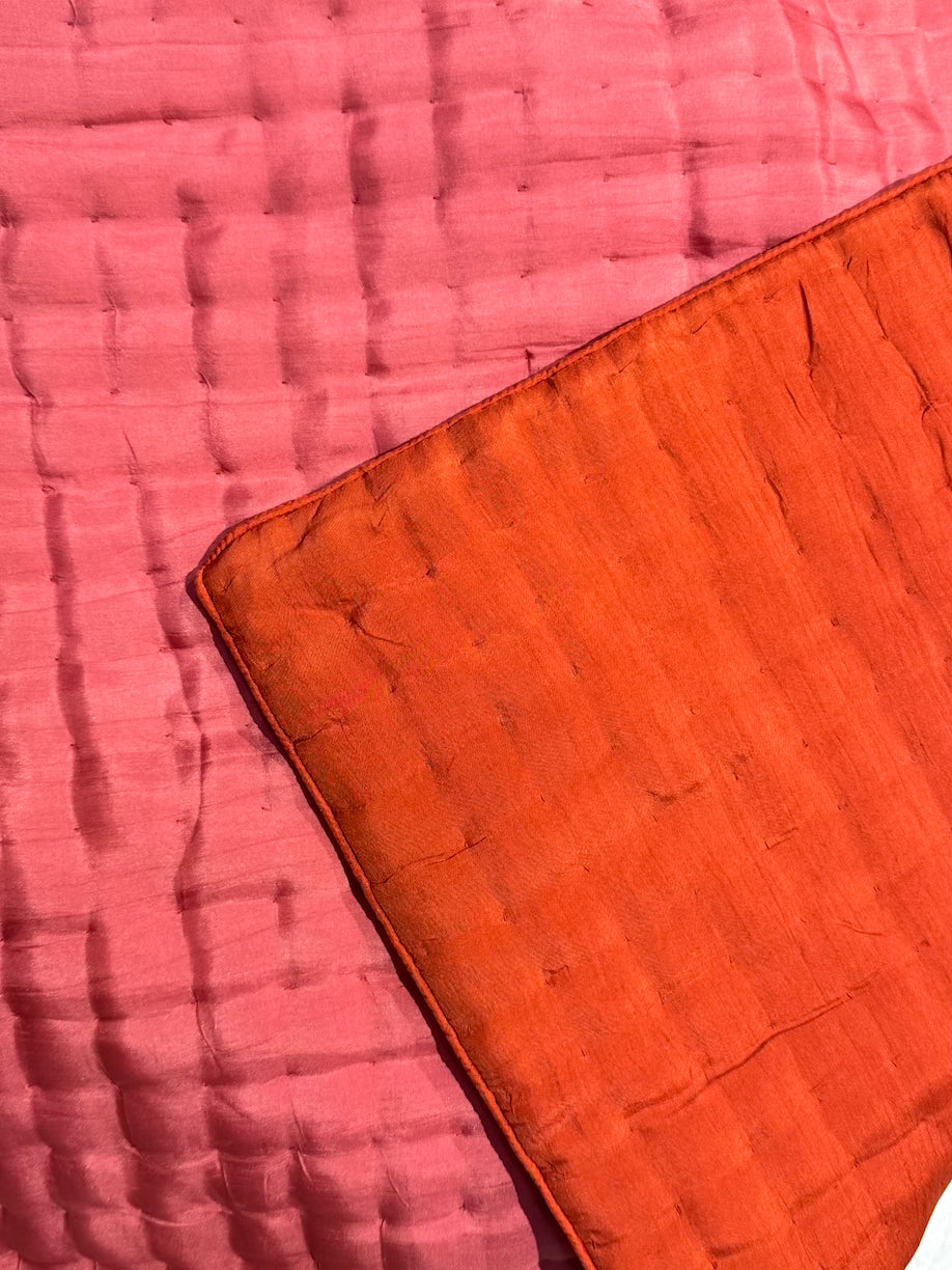 Reversible silk orange/peach rose quilted coverlet from Vietnam