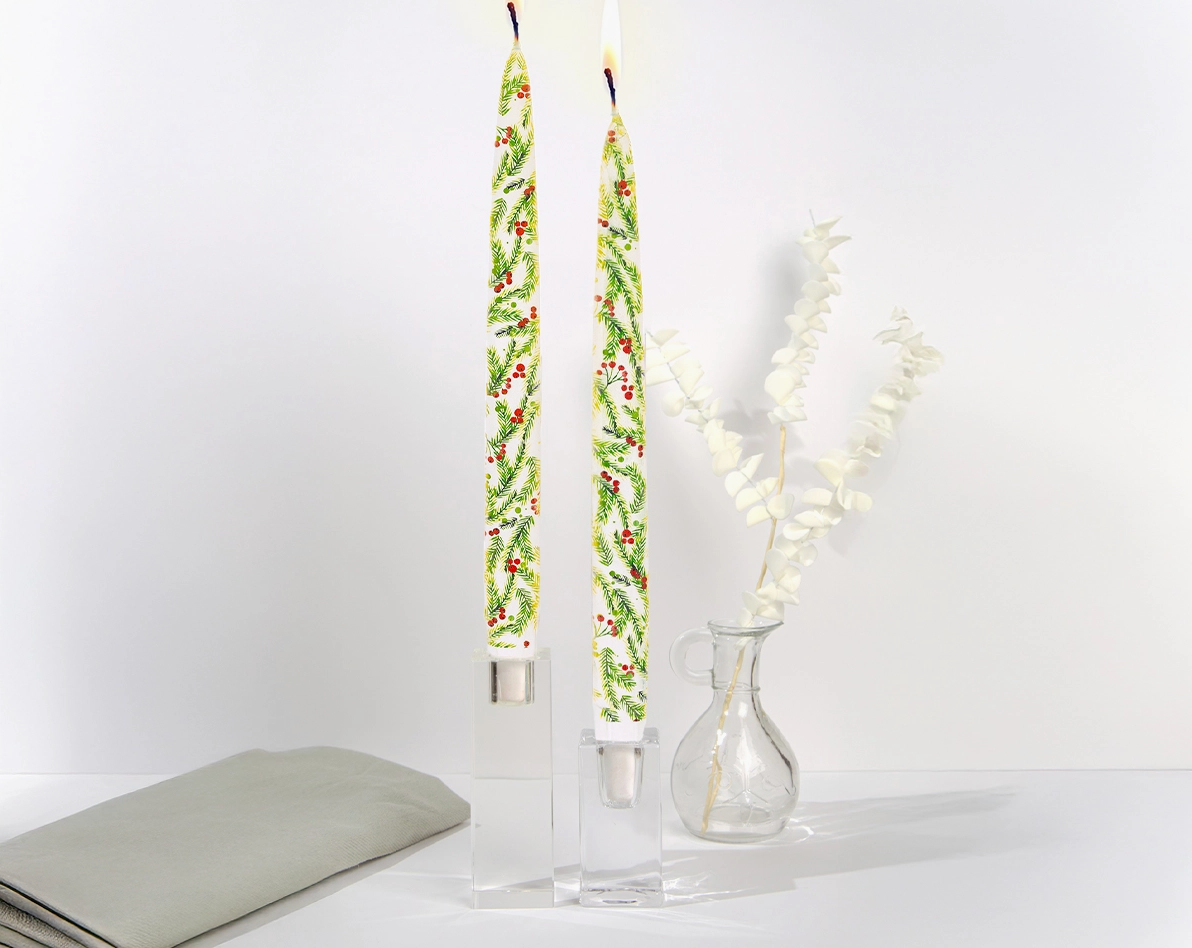 Christmas Pine Needles and Berries Taper Candles Set