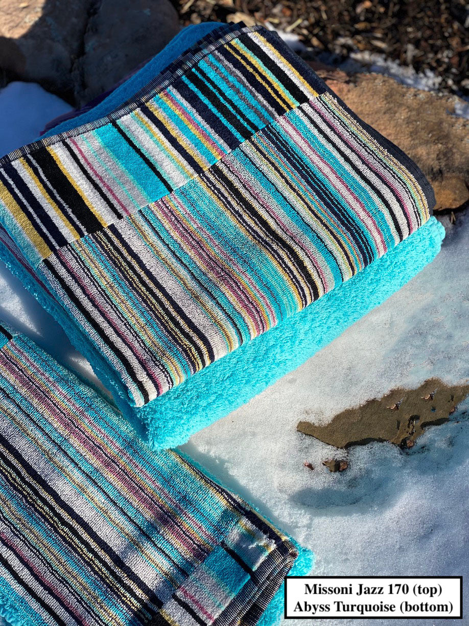 Bottom towels: Abyss Habidecor 100% long staple cotton Turquoise towels. Made in Portugal. Top towels: Missoni Home Jazz 170. Made in Italy.
