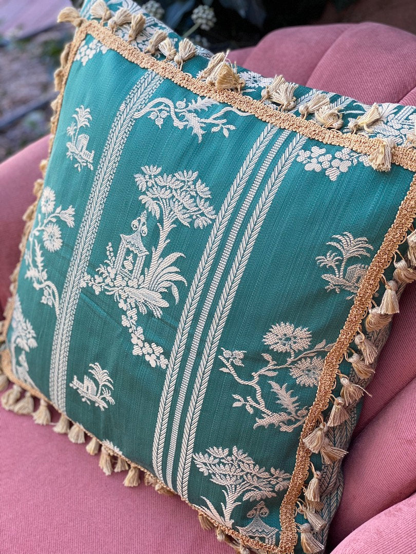 Cotton brocade pillow with fringe