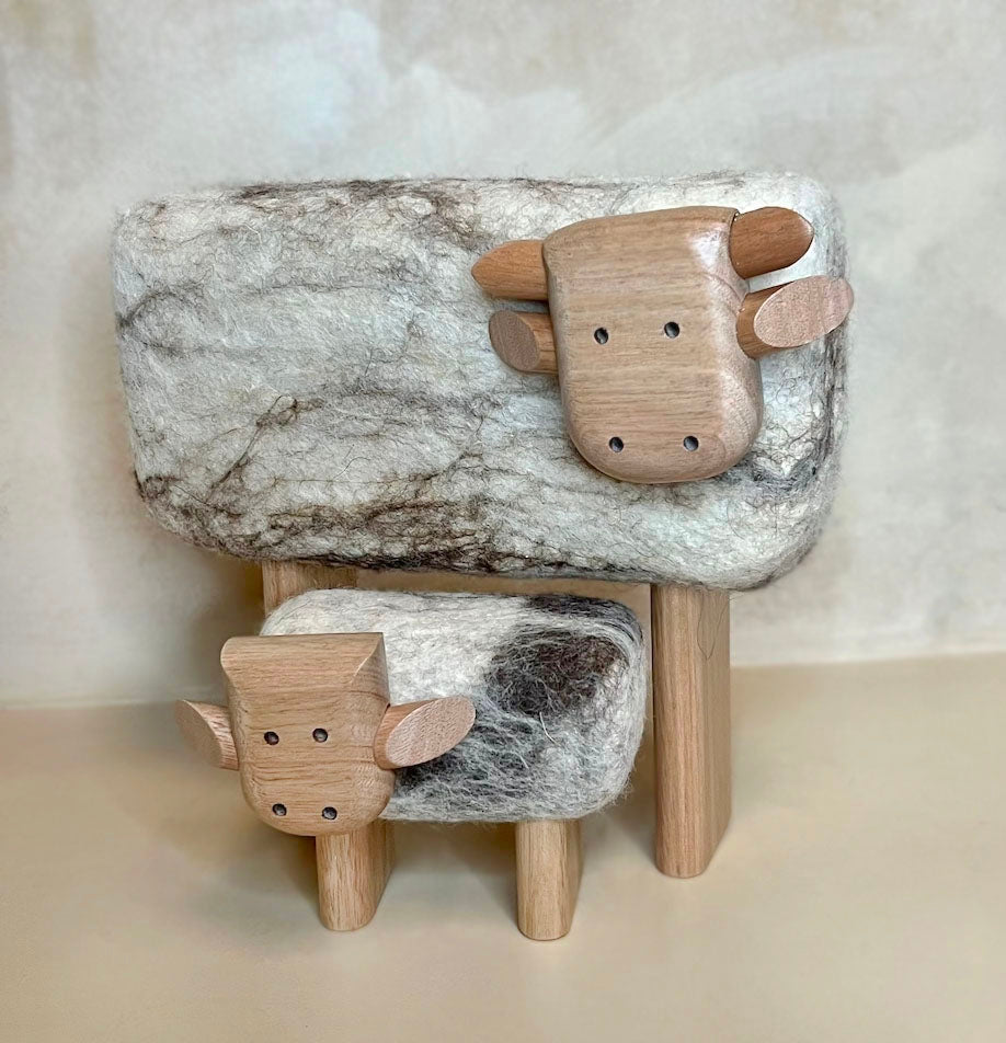 Cow and calf in felted wool handmade in Uruguay