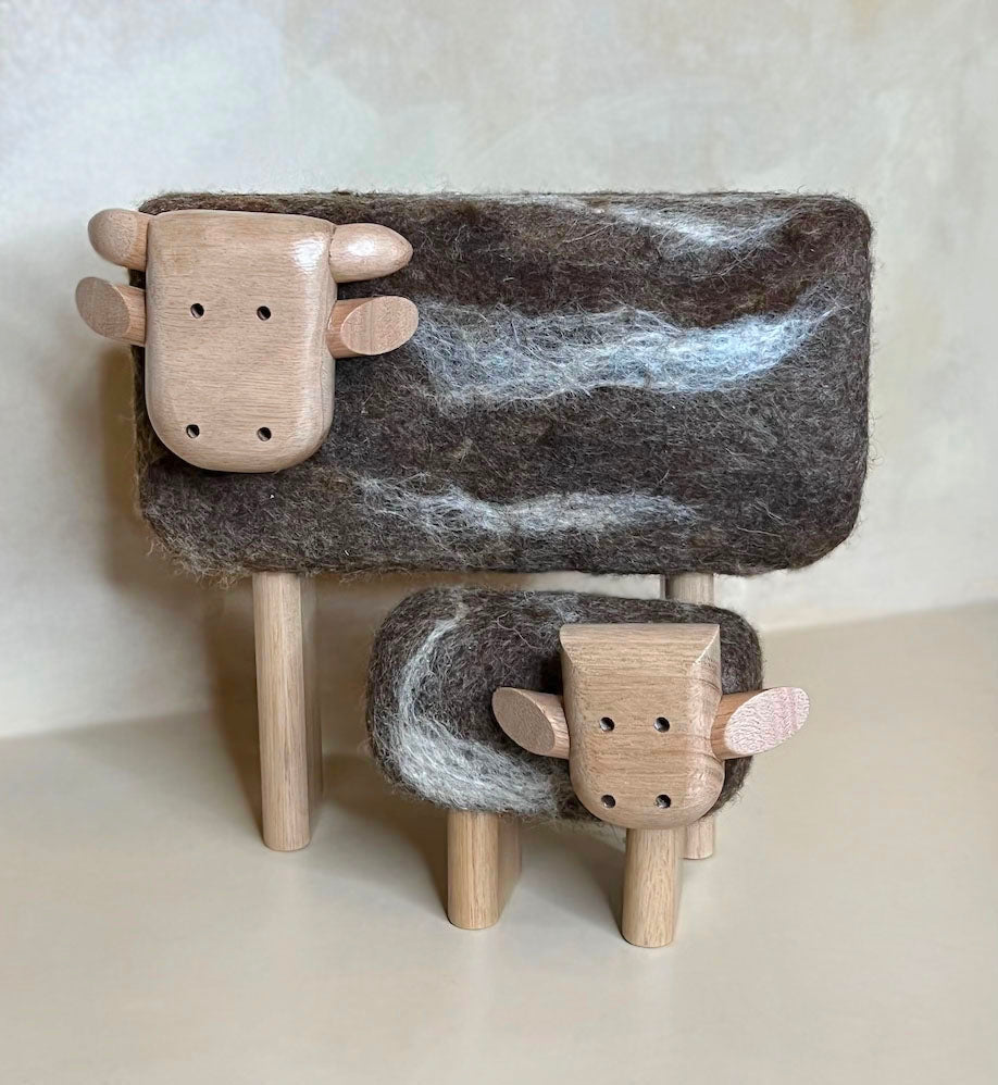 Cow and calf in felted wool handmade in Uruguay