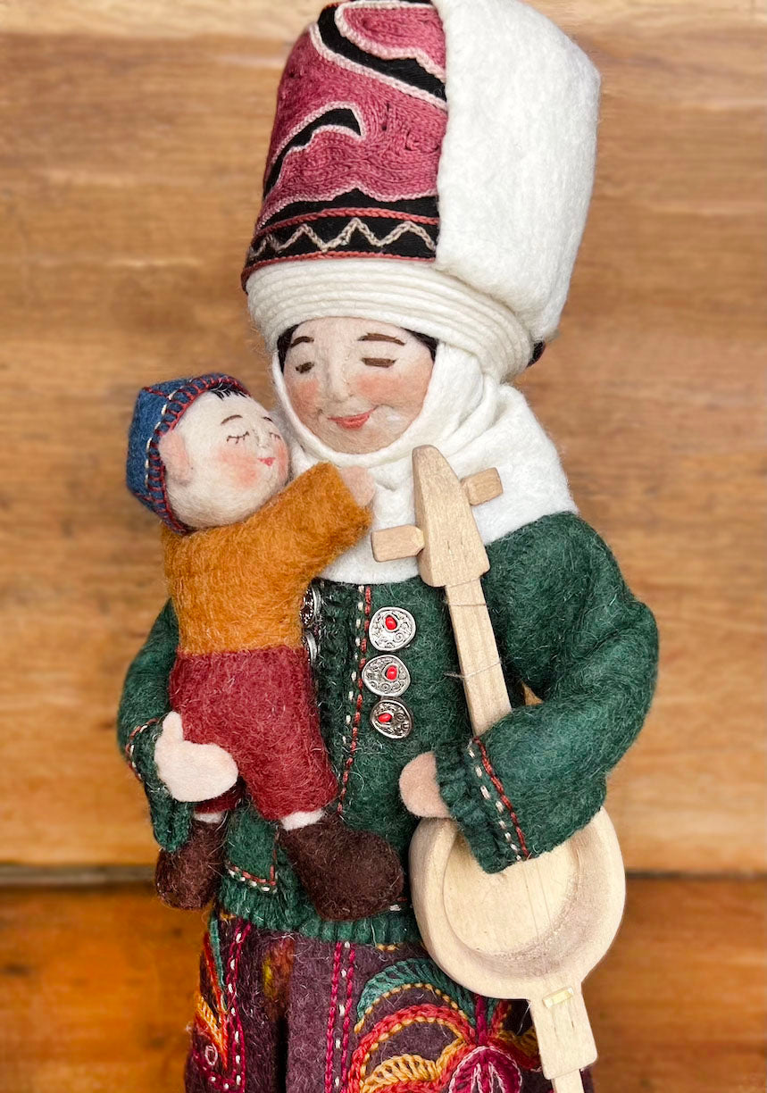 Doll "Kyl kiak player with kid" handmade in Kyrgyzstan