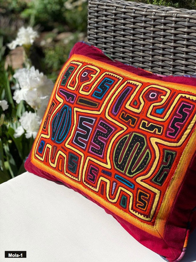 Handmade Mola cloth pillows from the Guna people of San Blas Islands, Panama