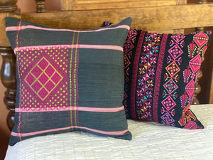 Embroidered pillows from Myanmar and Palestine