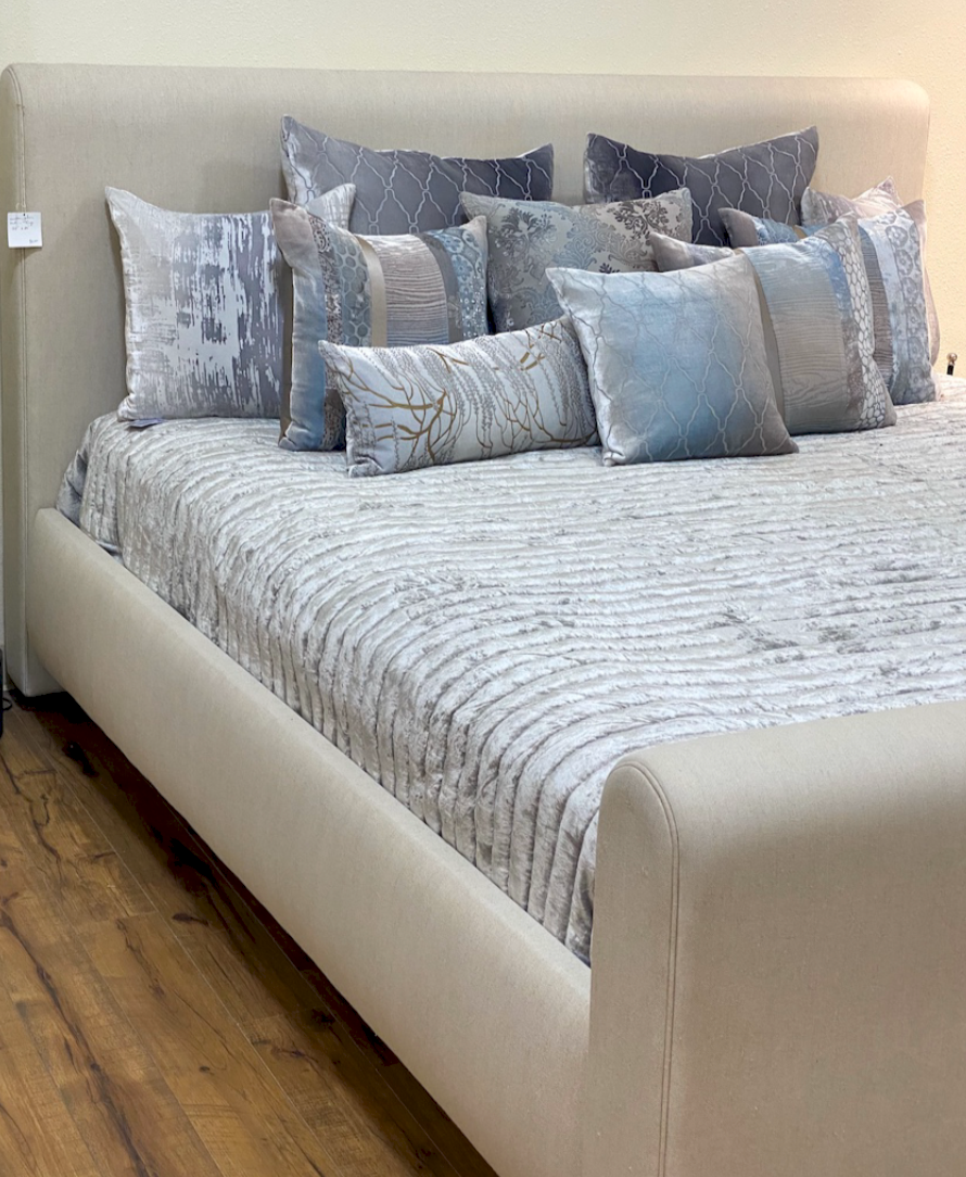Channel grey velvet quilted coverlet by Kevin O'Brien