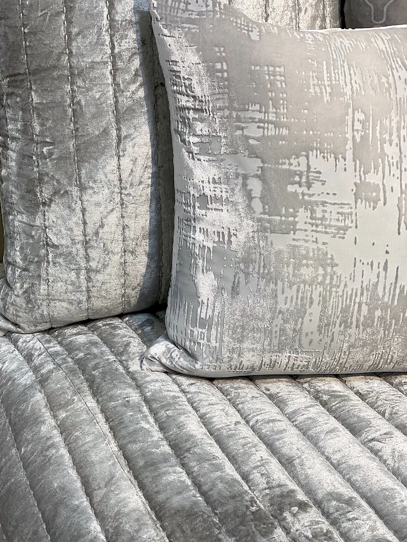 Channel grey velvet quilted coverlet by Kevin O'Brien