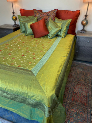 Embroidered silk queen coverlet set