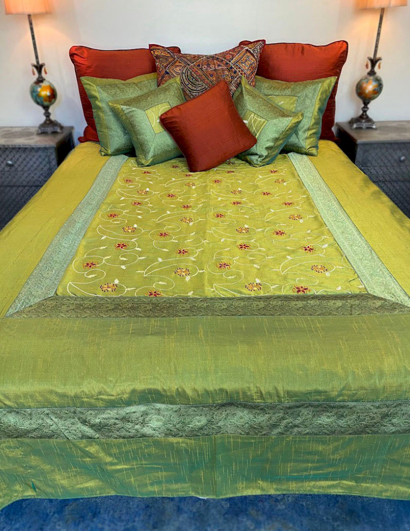 Embroidered silk queen coverlet set